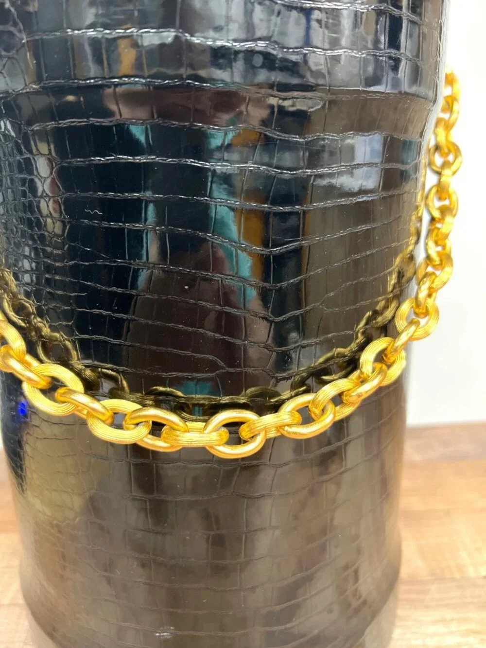 Vintage Black Faux Crocodile Ice Bucket With Gold Chain Handle And Lid Retro